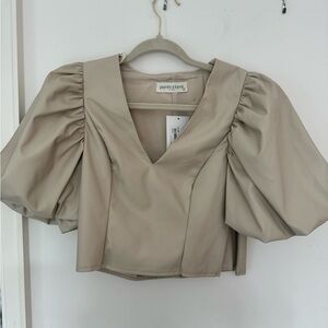 Pants store tan leather puff sleeve top